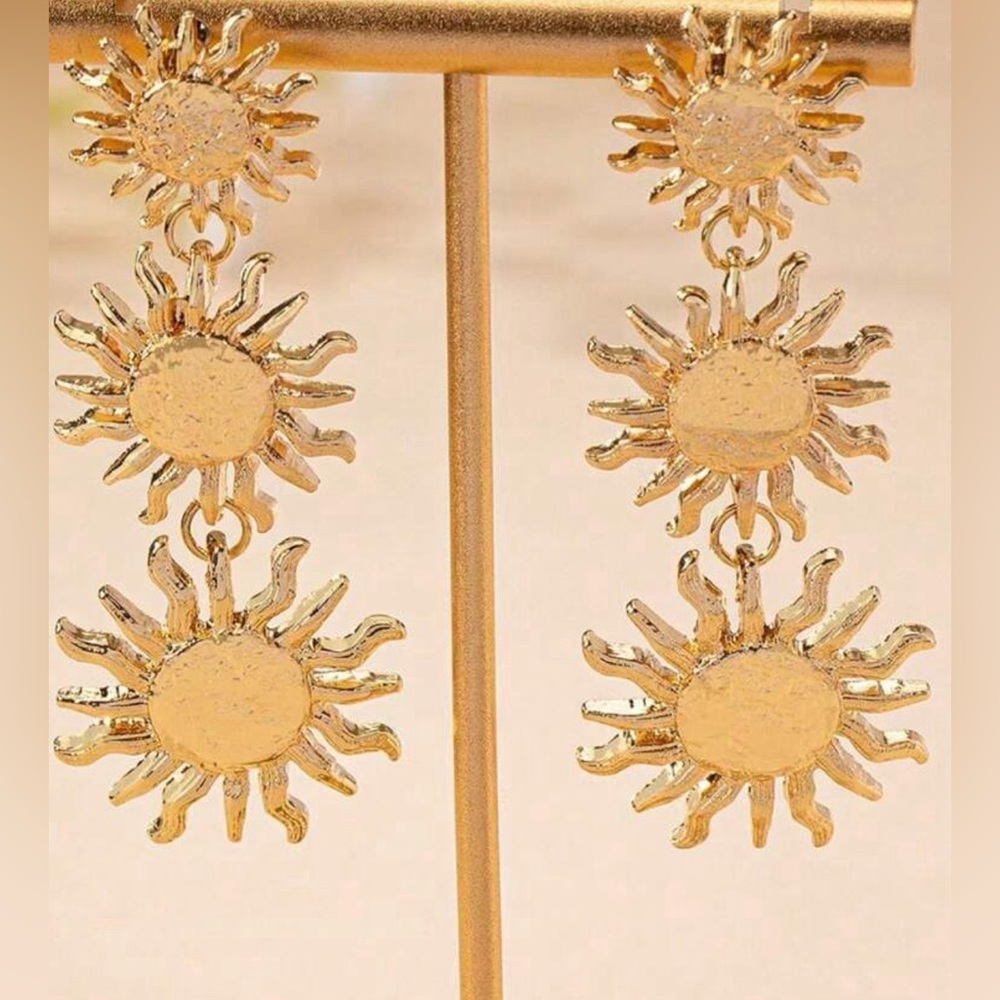 Gold Triple Sun Earrings - Picture 9 of 14